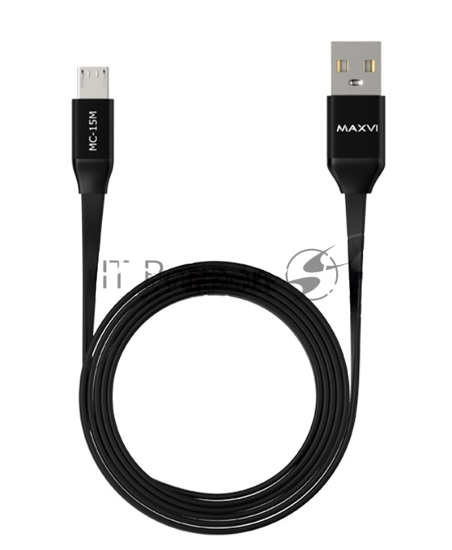 Кабель Maxvi MC-15M black, USB-A - microUSB, 2A ток макс. нагрузки 2А, макс. напряжение 5V; стандарт USB 2.0; плоский кабель, длина 1м, оплетка TPE, металлические корпуса разъемов, цвет черный