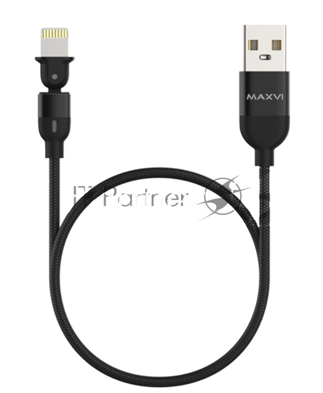 Кабель Maxvi MC-19L black, USB-A - Lightning, 2.4A, LED ток макс. нагрузки 2.4А, макс. напряжение 5V; стандарт USB 2.0; длина кабеля 1.5м, нейлоновая оплетка, металлические корпуса разъемов,LED подсветка, цвет: черный