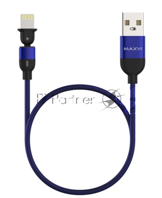 Кабель Maxvi MC-19L blue, USB-A - Lightning, 2.4A, LED ток макс. нагрузки 2.4А, макс. напряжение 5V; стандарт USB 2.0; длина кабеля 1.5м, нейлоновая оплетка, металлические корпуса разъемов,LED подсветка, цвет: синий