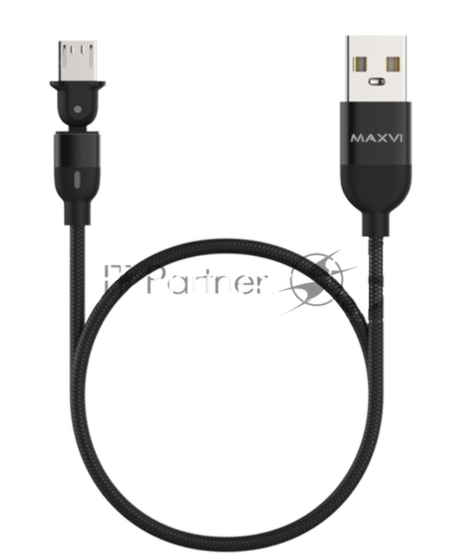 Кабель Maxvi MC-19M black, USB-A - microUSB, 2.4A, LED ток макс. нагрузки 2.4А, макс. напряжение 5V; стандарт USB 2.0; длина кабеля 1.5м, нейлоновая оплетка, металлические корпуса разъемов,LED подсветка, цвет: черный