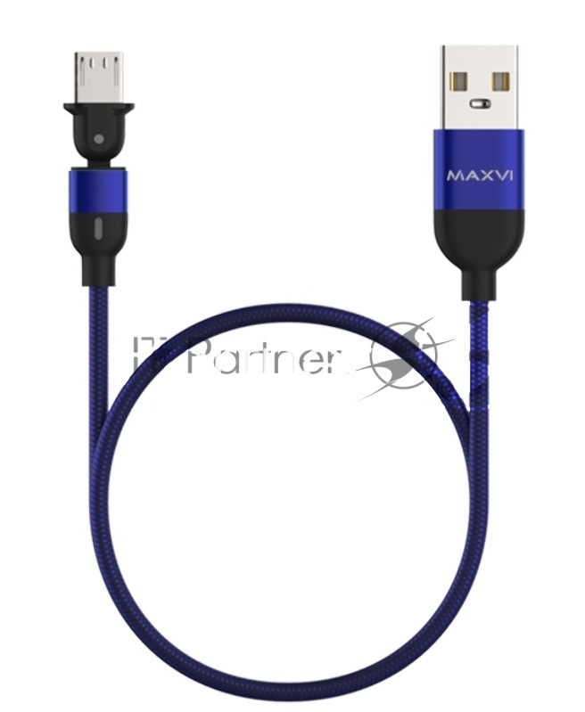 Кабель Maxvi MC-19M blue, USB-A - microUSB, 2.4A, LED ток макс. нагрузки 2.4А, макс. напряжение 5V; стандарт USB 2.0; длина кабеля 1.5м, нейлоновая оплетка, металлические корпуса разъемов, LED подсветка, цвет: синий