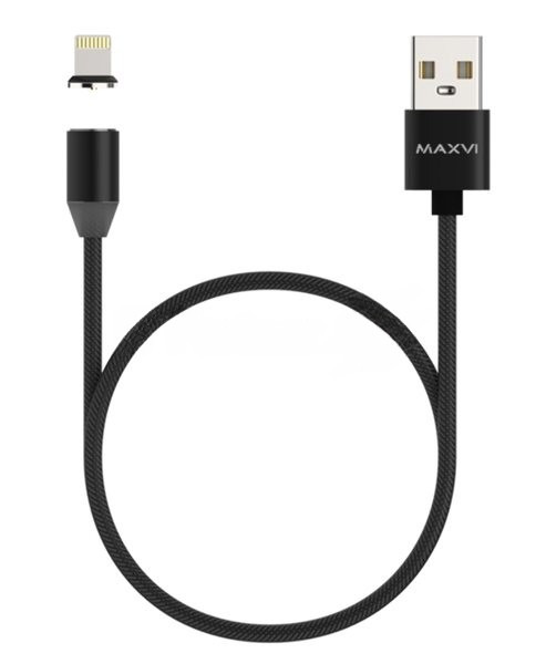 Кабель Maxvi MCm-01L black, USB-A - Lightning, 2A, магнитный разъем, LED ток макс. нагрузки 2А, макс. напряжение 5V; стандарт USB 2.0; длина 1м, нейлоновая оплетка, съемный магнитный коннектор, LED подсветка, черный с серыми вставками