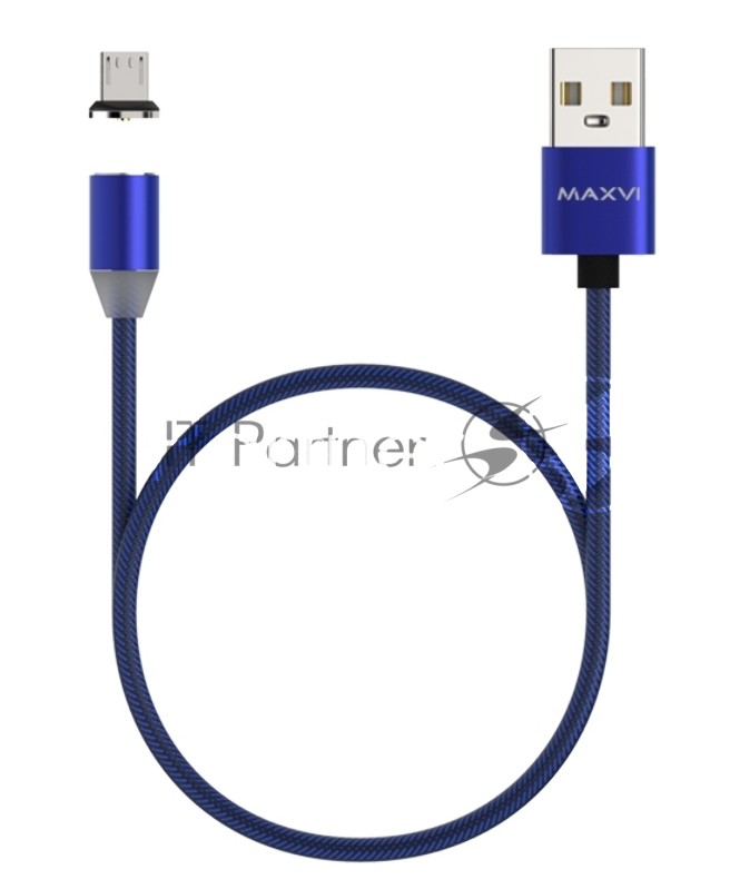 Кабель Maxvi MCm-01M blue, USB-A - microUSB, 2A, магнитный разъем, LED Описание: ток макс. нагрузки 2А, макс. напряжение 5V; стандарт USB 2.0; длина 1м, нейлоновая оплетка, съемный магнитный коннектор, LED подсветка, синий с черными вставками