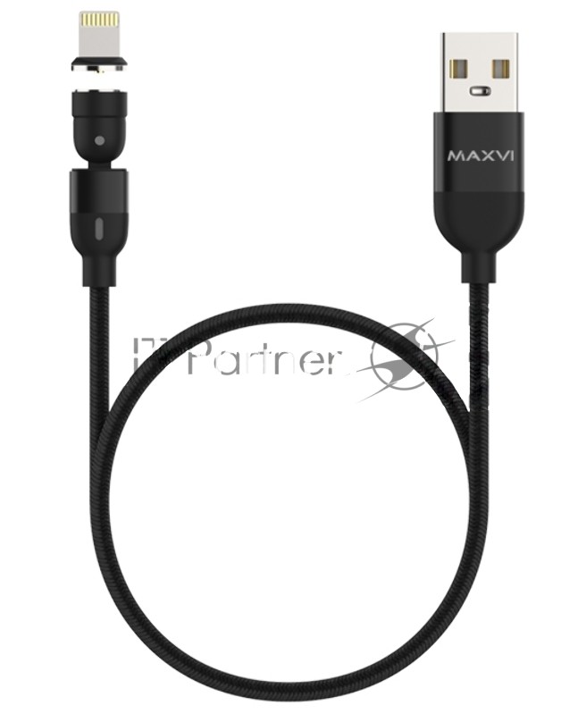 Кабель Maxvi MCm-02L black, USB-A - Lightning, 2A, магнитный разъем, LED ток макс. нагрузки 2А, макс. напряжение 5V; стандарт USB 2.0; длина 1.5м, нейлоновая оплетка, съемный магнитный коннектор, LED подсветка, черный