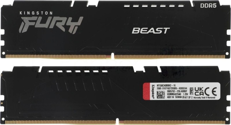 Оперативная память Kingston Fury Beast, DDR5, 16GB (2x8GB), 5600MHz, CL40, DIMM, с радиаторами, черный
