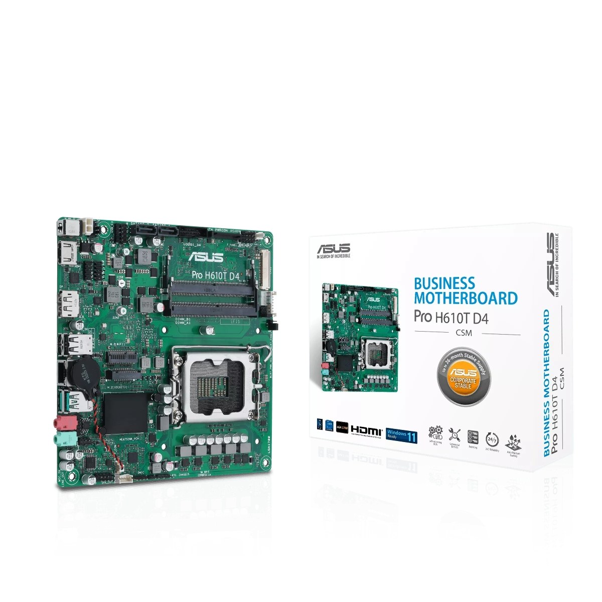 Материнская плата ASUS Pro H610T D4-CSM, LGA1700, Intel H610, 2xDDR4 SO-DIMM, 2xSATA, 1xM.2, DisplayPort, HDMI, 1x1Gb LAN, 2x3.5 мм, 7.1, mini-ITX