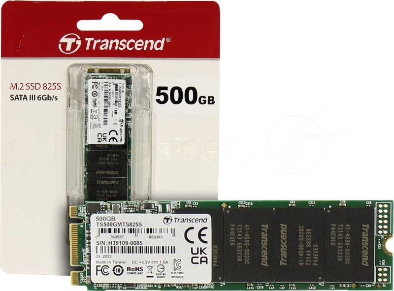 Накопитель SSD M.2 Transcend 500Gb MTS825 TS500GMTS825S (SATA3, up to 530/480MBs, 3D NAND, 180TBW, 22x80мм)