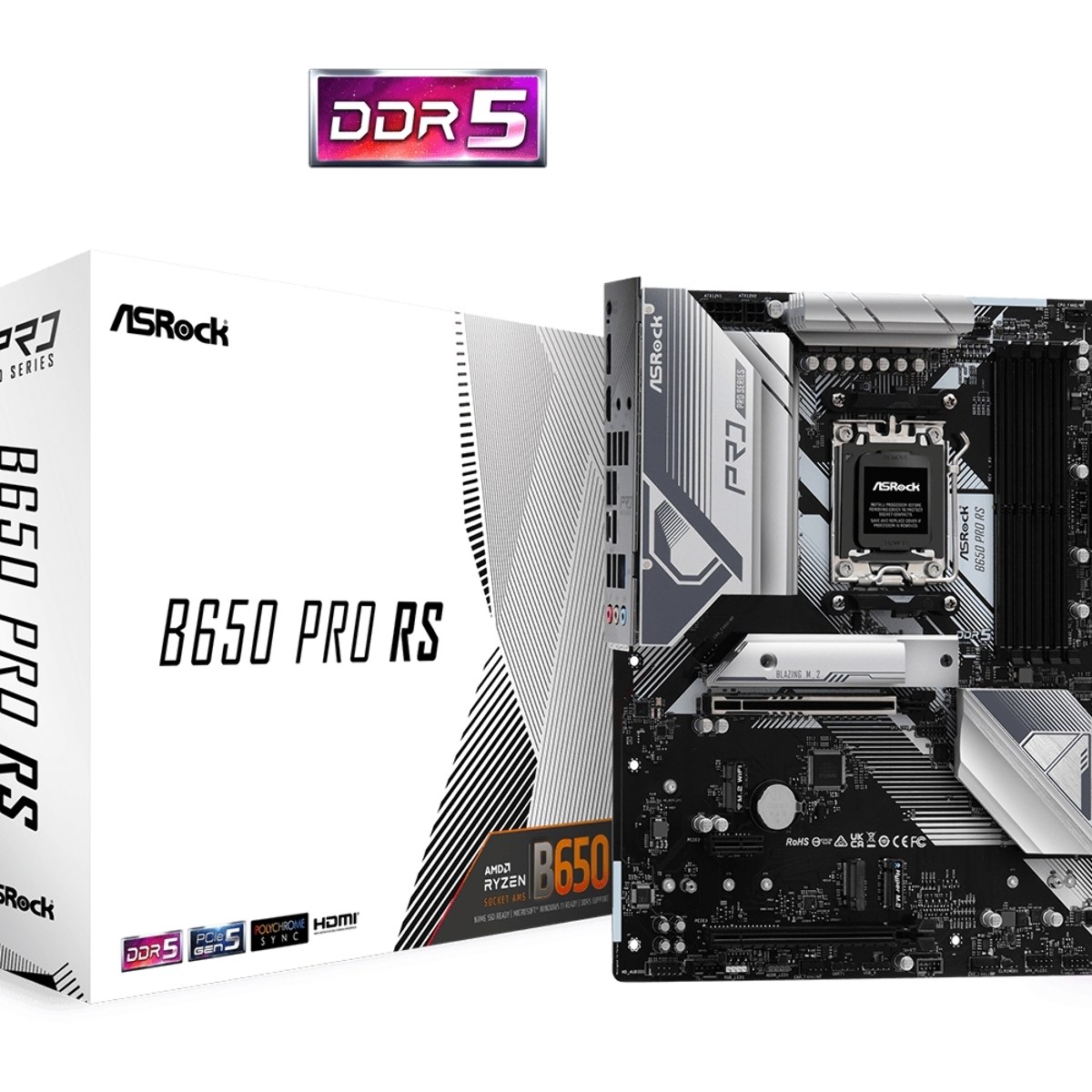 Материнская плата ASRock B650 PRO RS, AM5, AMD B650, 4xDDR5, 4xSATA, 3xM.2, 1xPCIe 4.0 x16, 1xPCIe 3.0 x4, 1xPCIe 3.0 x1, 1xDP, 1xHDMI, 1x2.5Gb LAN, 1xUSB-C 10Gbps, 1xUSB-A 10Gbps, 2xUSB-A 5Gbps, 6xUSB-A 2.0, 3x3.5 мм, 7.1, ATX