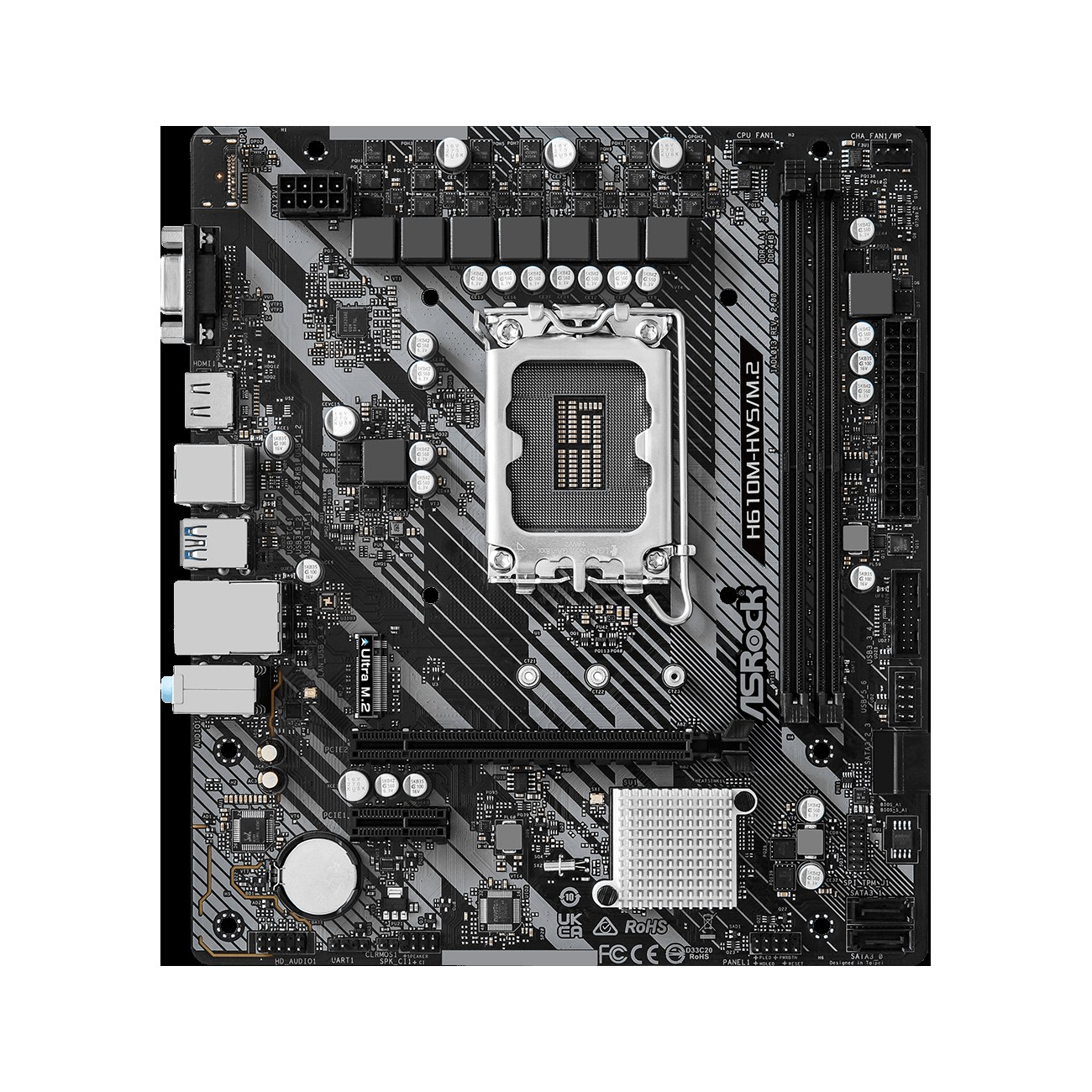 Материнская плата ASRock H610M-HVS/M.2 R2.0, LGA1700, Intel H610, 2xDDR4, 4xSATA, 1xM.2, 1xPCIe 4.0 x16, HDMI, D-Sub, 1x1Gb LAN, 3x3.5 мм, 7.1, microATX