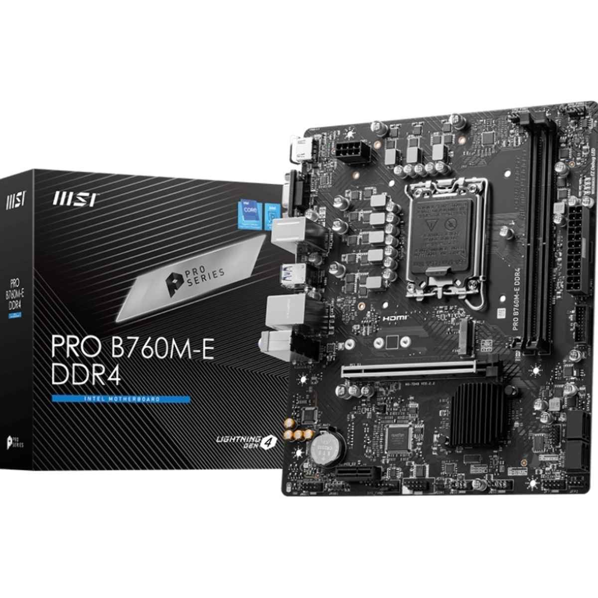 Материнская плата MSI PRO B760M-E DDR4, LGA1700, Intel B760, 2xDDR4, 4xSATA, 1xM.2, 1xPCIe 4.0 x16, HDMI, D-Sub, 1x1Gb LAN, 3x3.5 мм, 7.1, microATX