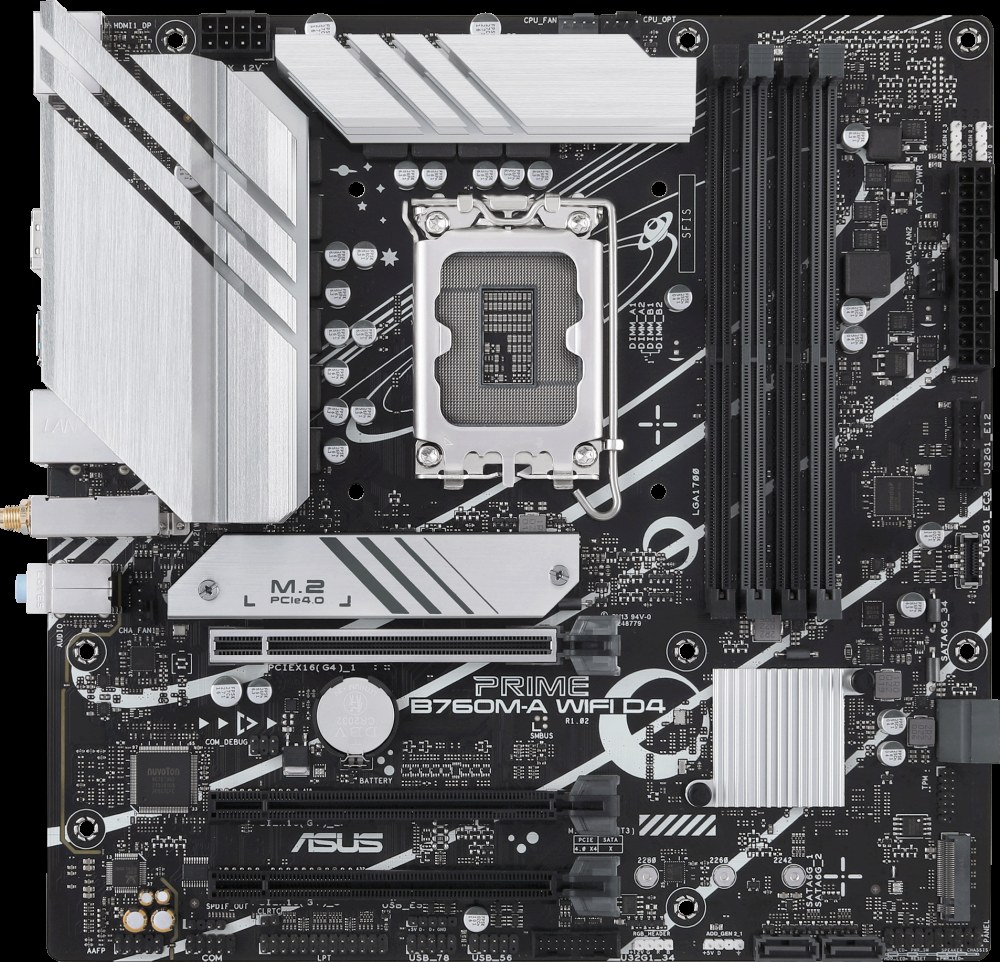 Материнская плата ASUS PRIME B760M-A WIFI D4, LGA1700, Intel B760, 4xDDR4, 4xSATA, 2xM.2, 3xPCIe x16, DisplayPort, HDMI, 1x2.5Gb LAN, 3x3.5 мм, 7.1, microATX