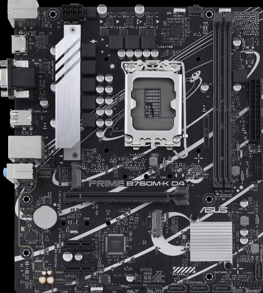 Материнская плата ASUS PRIME B760M-K D4, LGA1700, Intel B760, 2xDDR4, 4xSATA, 2xM.2, 1xPCIe 4.0 x16, 2xPCIe x1, HDMI, D-Sub, 1x2.5Gb LAN, 3x3.5 мм, 7.1, microATX