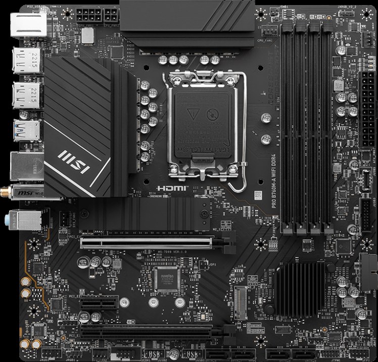 Материнская плата MSI PRO B760M-A WIFI DDR4, LGA1700, Intel B760, 4xDDR4, 4xSATA, 2xM.2, 2xPCIe x16, 1xPCIe x1, DisplayPort, HDMI, 1x2.5Gb LAN, 3x3.5 мм, 7.1, microATX
