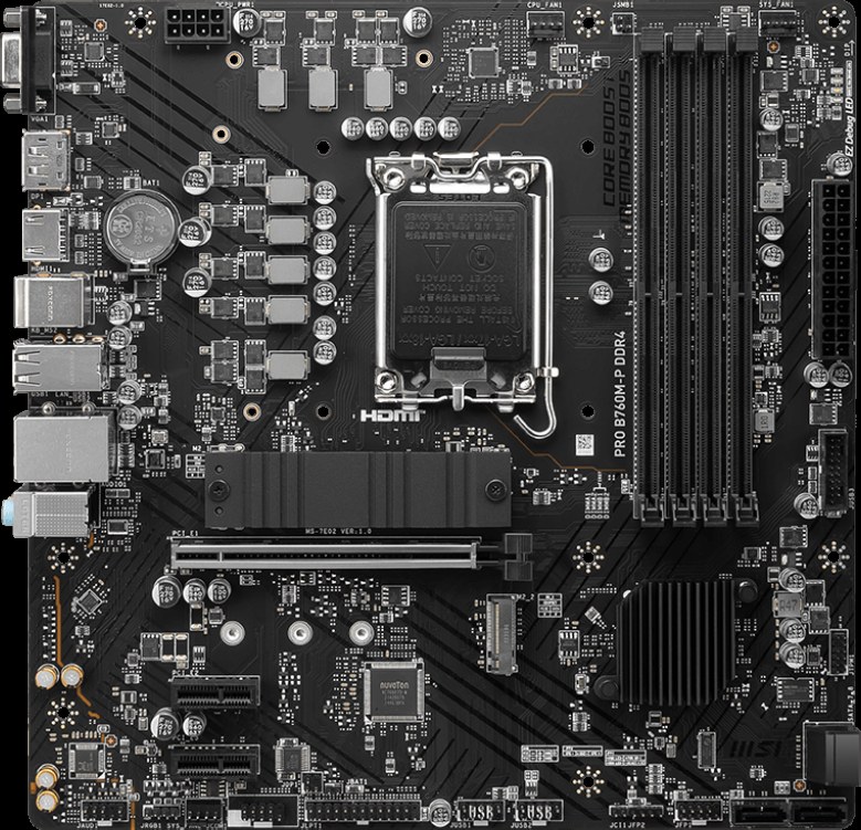 Материнская плата MSI PRO B760M-P DDR4, LGA1700, Intel B760, 4xDDR4, 4xSATA, 2xM.2, 1xPCIe 4.0 x16, 2xPCIe x1, DisplayPort, HDMI, D-Sub, 1x1Gb LAN, USB Type-C, 3x3.5 мм, 7.1, microATX