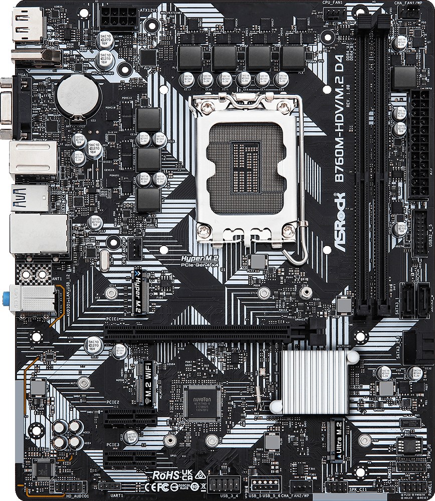 Материнская плата ASRock B760M-HDV/M.2 D4, LGA1700, Intel B760, 2xDDR4, 4xSATA, 2xM.2, 1xPCIe 4.0 x16, DisplayPort, HDMI, D-Sub, 1x1Gb LAN, USB Type-C, 3x3.5 мм, 7.1, microATX