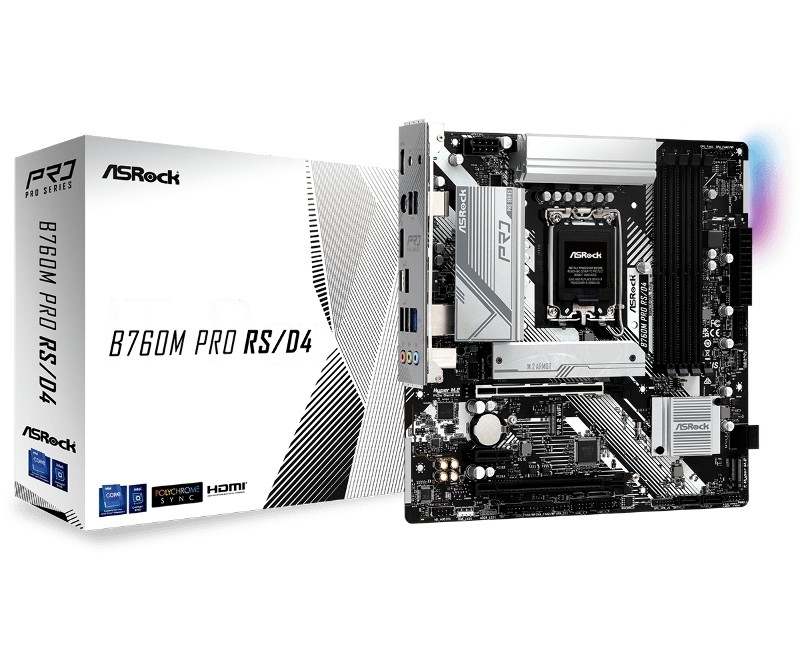 Материнская плата ASRock B760M Pro RS/D4, LGA 1700, Intel B760, 4xDDR4, 4xSATA, 2xM.2, 1xPCIe 4.0 x16, DisplayPort, HDMI, USB Type-C, 1x2.5Gb LAN, 3x3.5 мм, 7.1, microATX