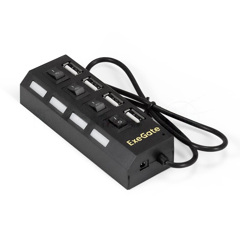 USB-концентратор ExeGate EX293977RUS DUB-42SW (кабель-адаптер USB2.0 --> 4xUSB2.0, кнопки включения/отключения для каждого порта, Plug&Play, черный)