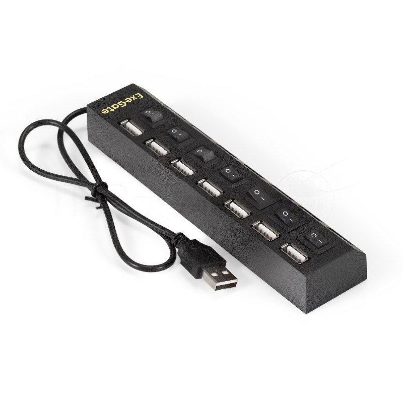 USB-концентратор ExeGate EX293978RUS DUB-72SW (кабель-адаптер USB2.0 --> 7xUSB2.0, кнопки включения/отключения для каждого порта, Plug&Play, черный)