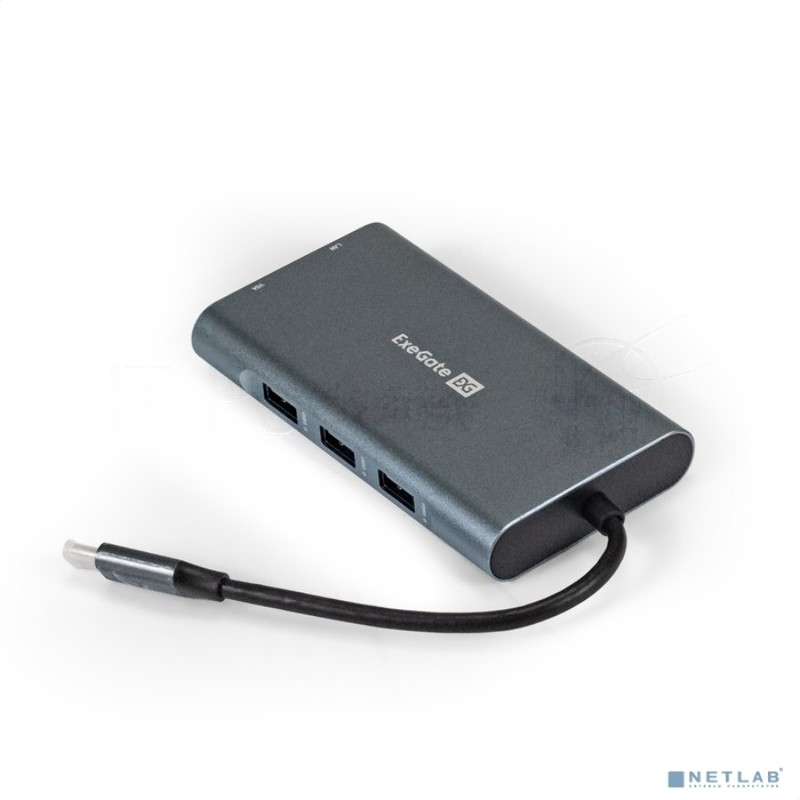 USB-концентратор ExeGate EX293985RUS DUB-31C/MAX (кабель-адаптер USB Type-C --> 3xUSB3.0 + Card Reader + PD 100W + HDMI 4K@30Hz + VGA + Audio + Lan RJ45 10/100/1000Mb, Plug&Play, серый)