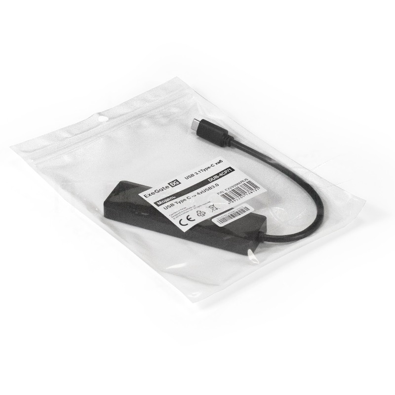 USB-концентратор ExeGate DUB-4CP/1 (кабель-адаптер USB Type C --> 4xUSB3.0, Plug&Play, черный)