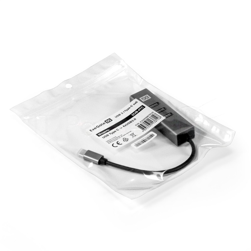 USB-концентратор ExeGate DUB-4TC (кабель-адаптер USB Type C --> 4xUSB3.0, Plug&Play, серебристый)