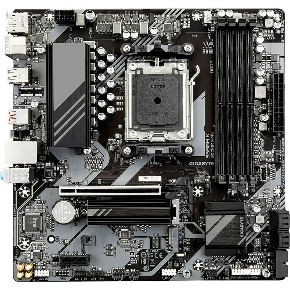 Материнская плата GIGABYTE B650M K, AM5, AMD B650, 4xDDR5, 4xSATA, 2xM.2, 1xPCIe 4.0 x16, 1xPCIe x1, 1xHDMI, 1xDP, 1x2.5Gb LAN, 1xUSB 3.2 Gen 2, 2xUSB 3.2 Gen 1, 4xUSB 2.0, 3x3.5 мм, 7.1, micro-ATX