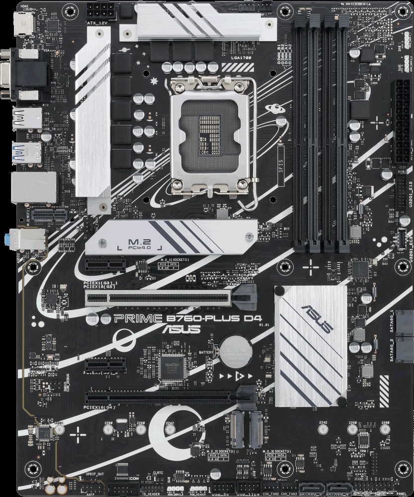 Материнская плата ASUS PRIME B760-PLUS, LGA 1700, Intel B760, 4xDDR5, 4xSATA, 3xM.2, 1xPCIe 4.0 x4, 1xPCIe 5.0 x16, 2xPCIe x1, 1xDP, 1xHDMI, 1xVGA, 2xUSB-A 3.2 Gen 2, 1xUSB-C 3.2 Gen 2x2, 1x 2.5Gb LAN, 3x3.5 мм, 7.1, ATX