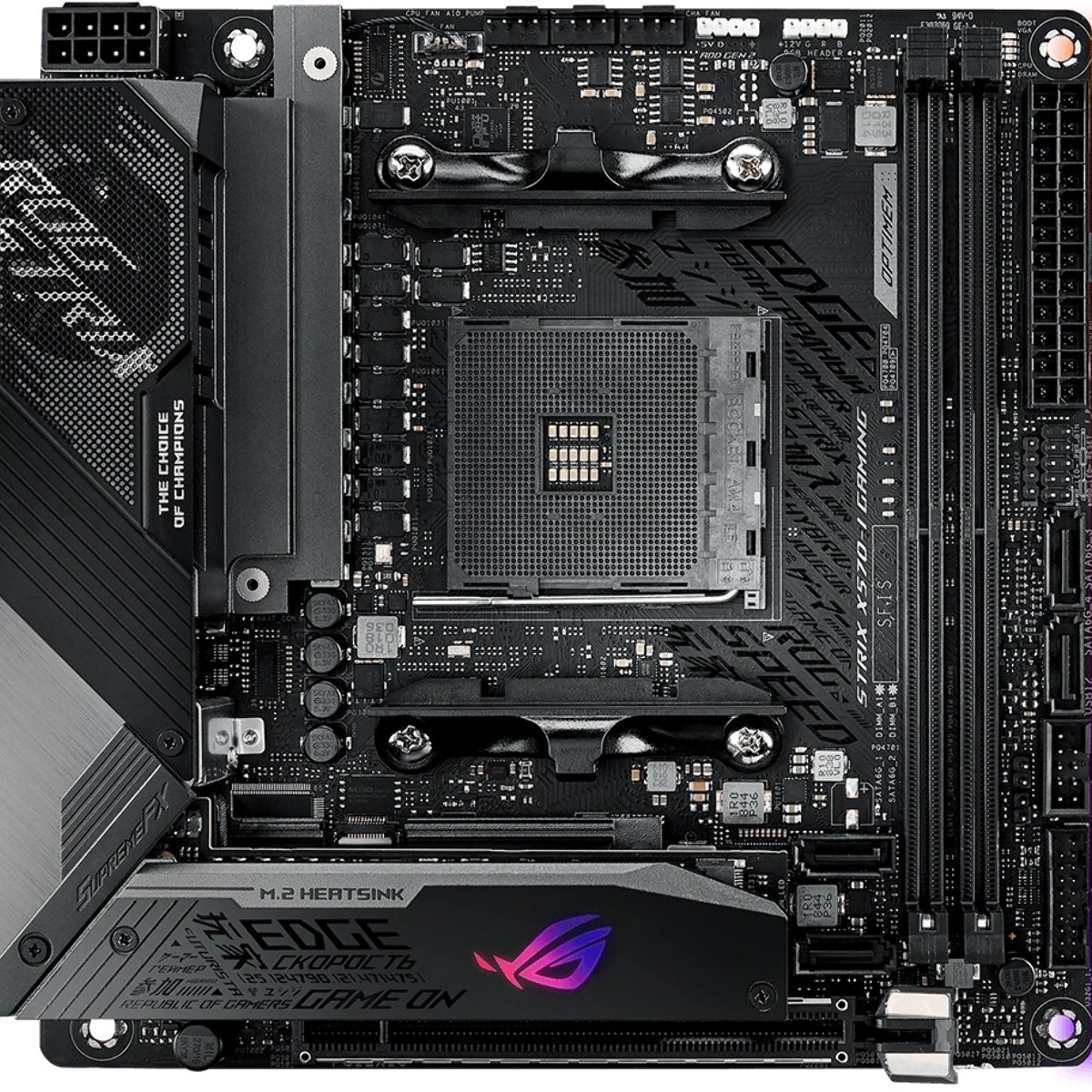 Материнская плата ASUS ROG STRIX X570-I GAMING, AM4, AMD X570, 2xDDR4, 4xSATA, 2xM.2, 1xPCIe 4.0 x16, 1xHDMI, 1xDP, 1x1Gb LAN, Wi-Fi 6, Bluetooth 5.0, 1xUSB-C 10Gbps, 3xUSB-A 10Gbps, 4xUSB-A 5Gbps, 2xUSB-A 2.0, 3x3.5 мм, 7.1, ITX
