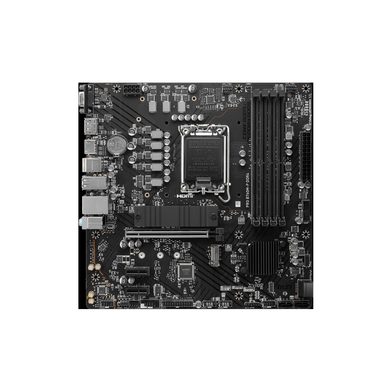 Материнская плата MSI PRO B760M-P DDR5, LGA 1700, Intel B760, 4xDDR5, 4xSATA, 2xM.2, 1xPCIe 4.0 x16, 2xPCIe 3.0 x1, 1xHDMI, 1xDP, 1xVGA, 1x1Gb LAN, 4xUSB-A 2.0, 1xUSB-A 3.2 Gen 1, 1xUSB-C 3.2 Gen 2, 3x3.5 мм, 7.1, mATX