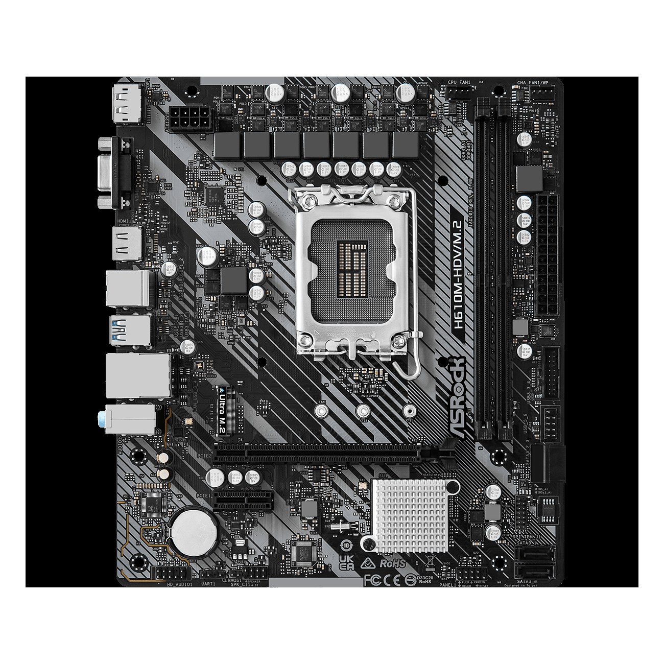 Материнская плата ASRock H610M-HDV/M.2 R2.0, LGA1700, Intel H610, 2xDDR4, 4xSATA, 1xM.2, 1xPCIe 4.0 x16, DisplayPort, HDMI, D-Sub, 1x1Gb LAN, 3x3.5 мм, 7.1, microATX