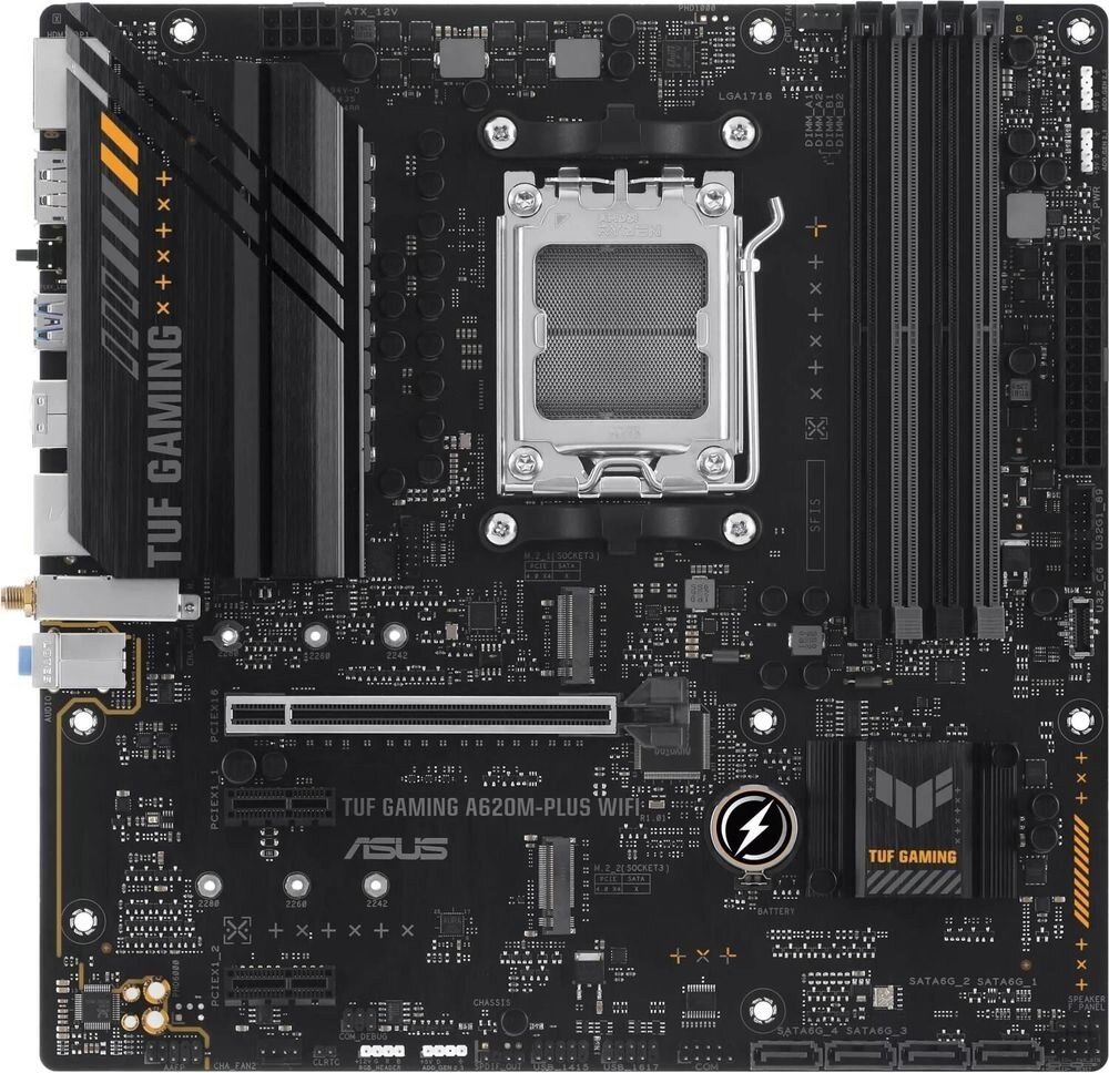 Материнская плата ASUS TUF GAMING A620M-PLUS WIFI, AM5, AMD A620, 4xDDR5, 4xSATA, 2xM.2, 1xPCIe 4.0 x16, 2xPCIe x1, 2xDP, 1xHDMI, 1x 2.5Gb LAN, 4xUSB-A 2.0, 2xUSB-A 3.2 Gen 1, 3x3.5 мм, 7.1, mATX