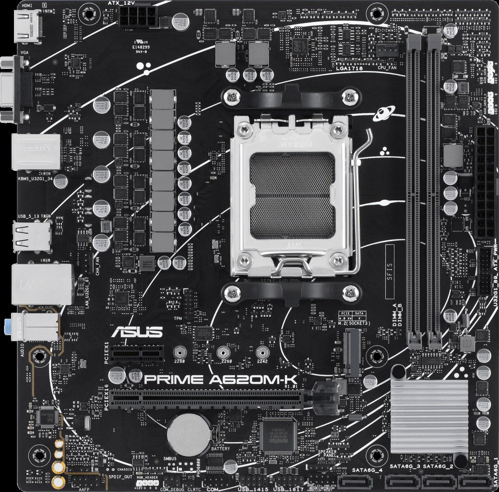Материнская плата ASUS PRIME A620M-K, AM5, AMD A620, 2xDDR5, 4xSATA, 1xM.2, 1xPCI-E 4.0 x16, 1xPCI-E x1, 1xHDMI, 1xVGA, 1x 1Gb LAN, 4xUSB-A 3.2 Gen 1, 2xUSB-A 2.0, 3x3.5 мм, 7.1, Micro-ATX