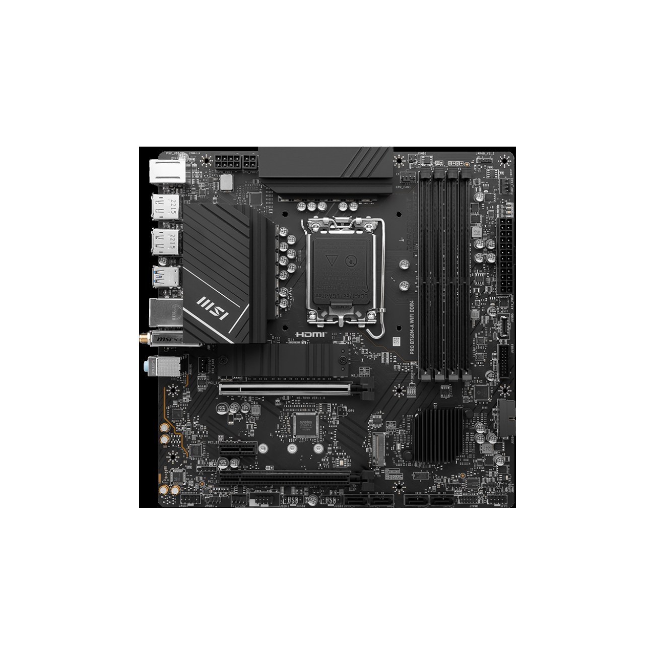 Материнская плата MSI PRO B760M-A WIFI, LGA 1700, Intel B760, 4xDDR5, 4xSATA, 2xM.2, 1xPCI-E 4.0 x16, 1xPCI-E 4.0 x4, 2xHDMI, 2xDP, 1x2.5Gb LAN, 2xUSB-A 2.0, 2xUSB 3.2 Gen 1, 2xUSB 3.2 Gen 2, 3x3.5 мм, 7.1, Micro-ATX