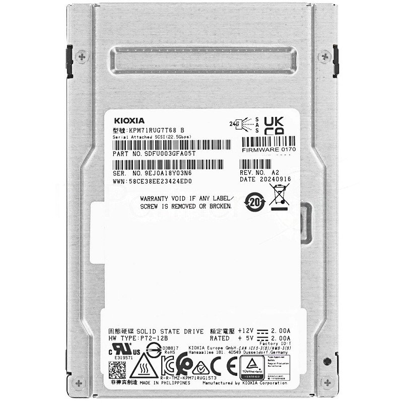 Накопитель SSD KIOXIA PM7-R, 7.68Tb, 2.5", SAS 24G, R/W 4200/4100
