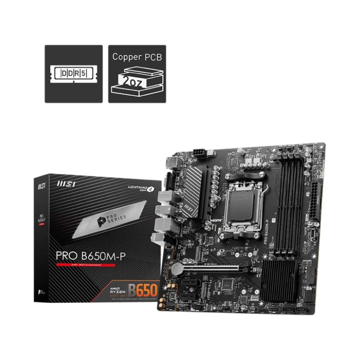 Материнская плата MSI PRO B650M-P, AM5, AMD B650, 4xDDR5, 4xSATA, 2xM.2, 1xPCI-E 4.0 x16, 2xPCI-E 4.0 x1, 1xHDMI, 1xDP, 1xVGA, 1x2.5Gb LAN, 2xUSB 3.2 Gen 1, 2xUSB 3.2 Gen 2, 3x3.5 мм, 7.1, Micro-ATX