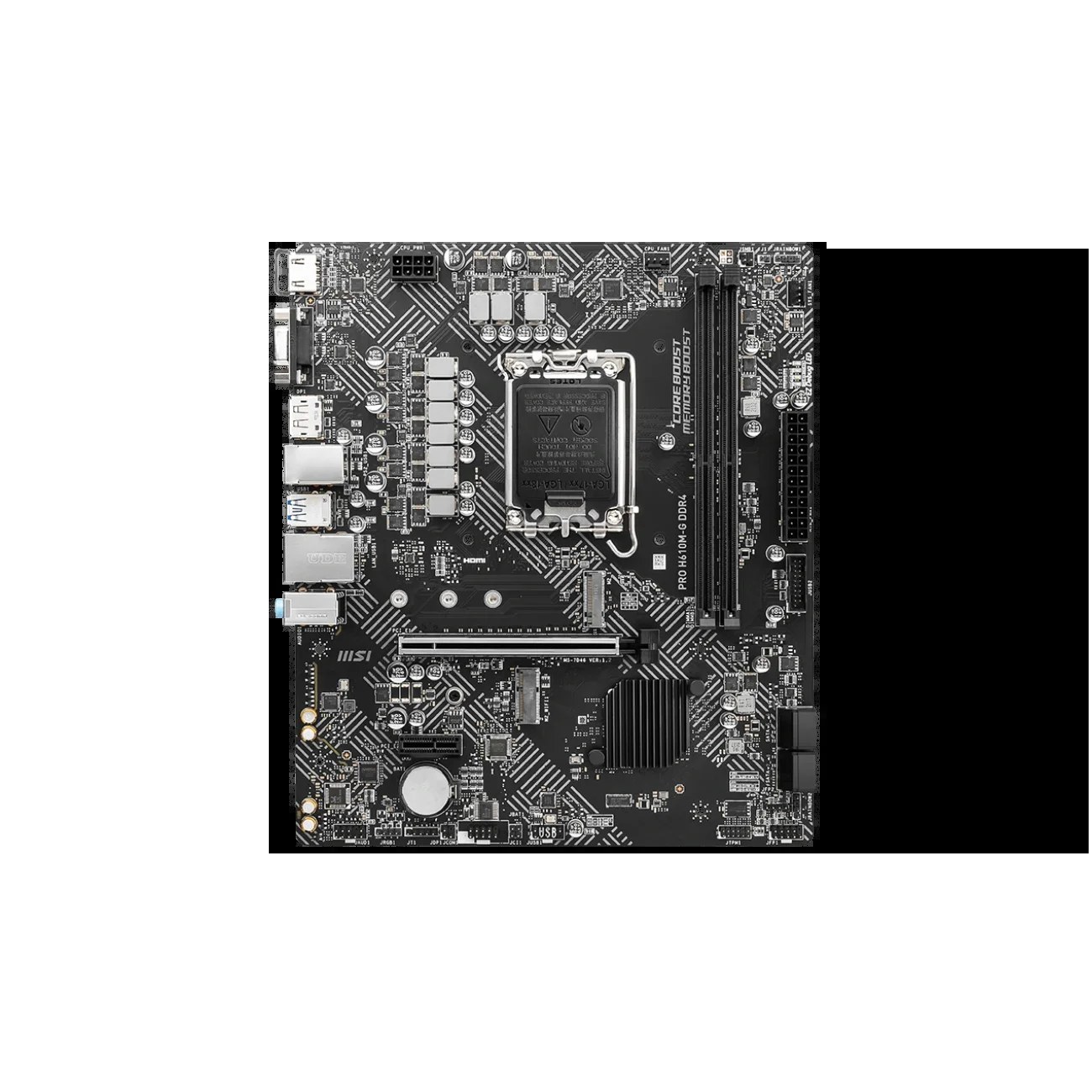 Материнская плата MSI PRO H610M-G, LGA 1700, Intel H610, 2xDDR5, 4xSATA, 1xM.2, 1xPCIe 4.0 x16, 1xPCIe 3.0 x1, 1xHDMI, 1xDP, 1xVGA, 1xRJ45 1Gb, 2xUSB-A 3.2 Gen 1, 4xUSB-A 2.0, 3x3.5мм, 7.1, mATX