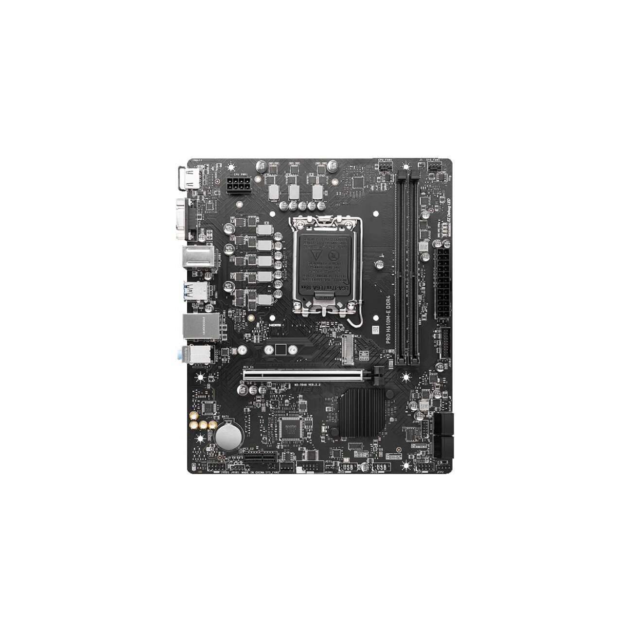 Материнская плата MSI PRO H610M-E, LGA 1700, Intel H610, 2xDDR5, 4xSATA, 1xM.2, 1xPCIe 4.0 x16, 1xPCIe 4.0 x1, 1xHDMI, 1xVGA, 1xRJ45 1Gb, 2xUSB-A 3.2 Gen 1, 4xUSB-A 2.0, 3x3.5мм, 7.1, mATX
