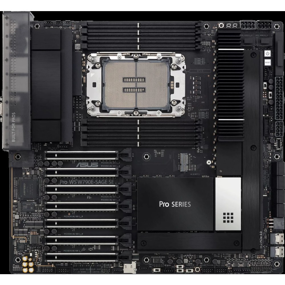 Материнская плата ASUS Pro WS W790E-SAGE SE, LGA4677, Intel W790, 8xDDR5 (ECC), 3xM.2, 2xSlimSAS, 8xSATA, 7xPCIe 5.0, 2x10Gb LAN, 1xUSB 3.2 Gen 2x2 (Type-C), 5xUSB 3.2 Gen 2 (Type-A + Type-C), 2xUSB 2.0, 5x3.5 мм, 7.1, EATX