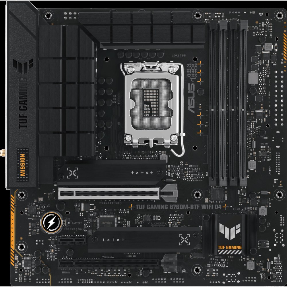 Материнская плата ASUS TUF GAMING B760M-BTF WIFI D4, LGA 1700, Intel B760, 4xDDR4, 4xSATA, 3xM.2, 1xPCIe 5.0 x16, 1xPCIe 4.0 x4, 1xPCIe x1, 1xUSB-A 3.2 Gen 2, 2xUSB-A 3.2 Gen 1, 4xUSB 2.0, 1xUSB-C 3.2 Gen 1, 1xUSB-C 3.2 Gen 2, 1x2.5Gb LAN, 3x3.5 мм, 7.1, 2.5Gb LAN, Wi-Fi 6, Bluetooth 5.2, mATX