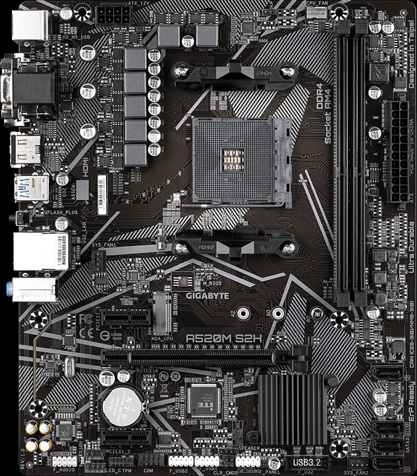 Материнская плата Gigabyte A520M DS3H V2 (V1.1), AM4, AMD A520, 4xDDR4, 4xSATA, 1xM.2, 1xPCIe 3.0 x16, 1xDP, 1xHDMI, 1x 1Gb LAN, 4xUSB 2.0, 4xUSB 3.2 Gen 1, 3x3.5 мм, 7.1, mATX