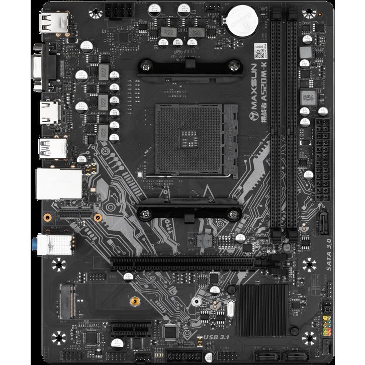 Материнская плата Maxsun Challenger A520M-K, AM4, AMD A520, 2xDDR4, 3xSATA, 1xM.2, 1xPCIe 3.0 x16, 1xPCIe 3.0 x1, 1xHDMI, 1xVGA, 1x 1Gb LAN, 2xUSB-A 3.2 Gen 1, 4xUSB-A 2.0, 3x3.5 мм, 5.1, M-ATX