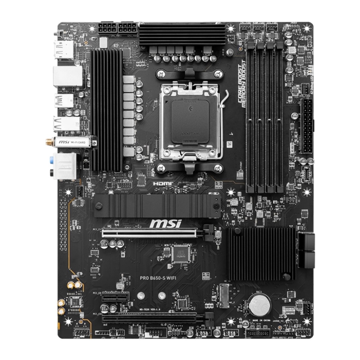 Материнская плата MSI PRO B650-S WIFI, AM5, AMD B650, 4xDDR5, 4xSATA, 2xM.2, 1xPCI-E 4.0 x16, 1xPCI-E 4.0 x4, 1xHDMI, 1xDP, 1x2.5Gb LAN, 3xUSB 3.2 Gen 1, 3xUSB 3.2 Gen 2, 6x3.5 мм, 7.1, Standard-ATX