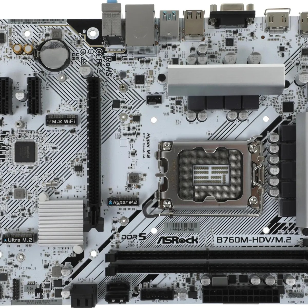 Материнская плата ASRock B760M-HDV/M.2, LGA 1700, Intel B760, 2xDDR5, 4xSATA, 2xM.2, 1xPCI-E 4.0 x16, 2xPCI-E x1, 1xDP, 1xHDMI, 1xVGA, 1x 2.5Gb LAN, 2xUSB-A 3.2 Gen 1, 3xUSB 2.0, 3x3.5 мм, 7.1, Micro-ATX