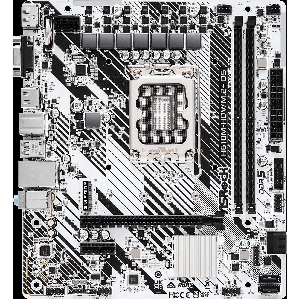 Материнская плата ASRock H610M-HDV/M.2+ D5, LGA 1700, Intel H610, 2xDDR5, 4xSATA, 1xM.2, 1xPCI-E 4.0 x16, 1xPCI-E x1, 1xDP, 1xHDMI, 1xVGA, 1x 1Gb LAN, 1xUSB-C 3.2 Gen 1, 1xUSB-A 3.2 Gen 1, 4xUSB 2.0, 3x3.5 мм, 7.1, Micro-ATX