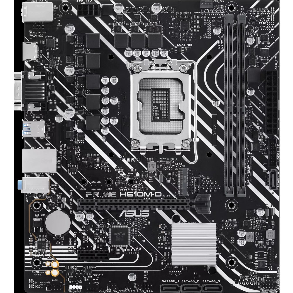 Материнская плата ASUS PRIME H610M-D, LGA 1700, Intel H610, 2xDDR5, 4xSATA, 1xM.2, 1xPCIe 4.0 x16, 1x1Gb LAN, 2xUSB-A 3.2 Gen 1, 4xUSB-A 2.0, 1xHDMI, 1xVGA, 3x3.5 мм, 1xRS-232, 7.1, mATX
