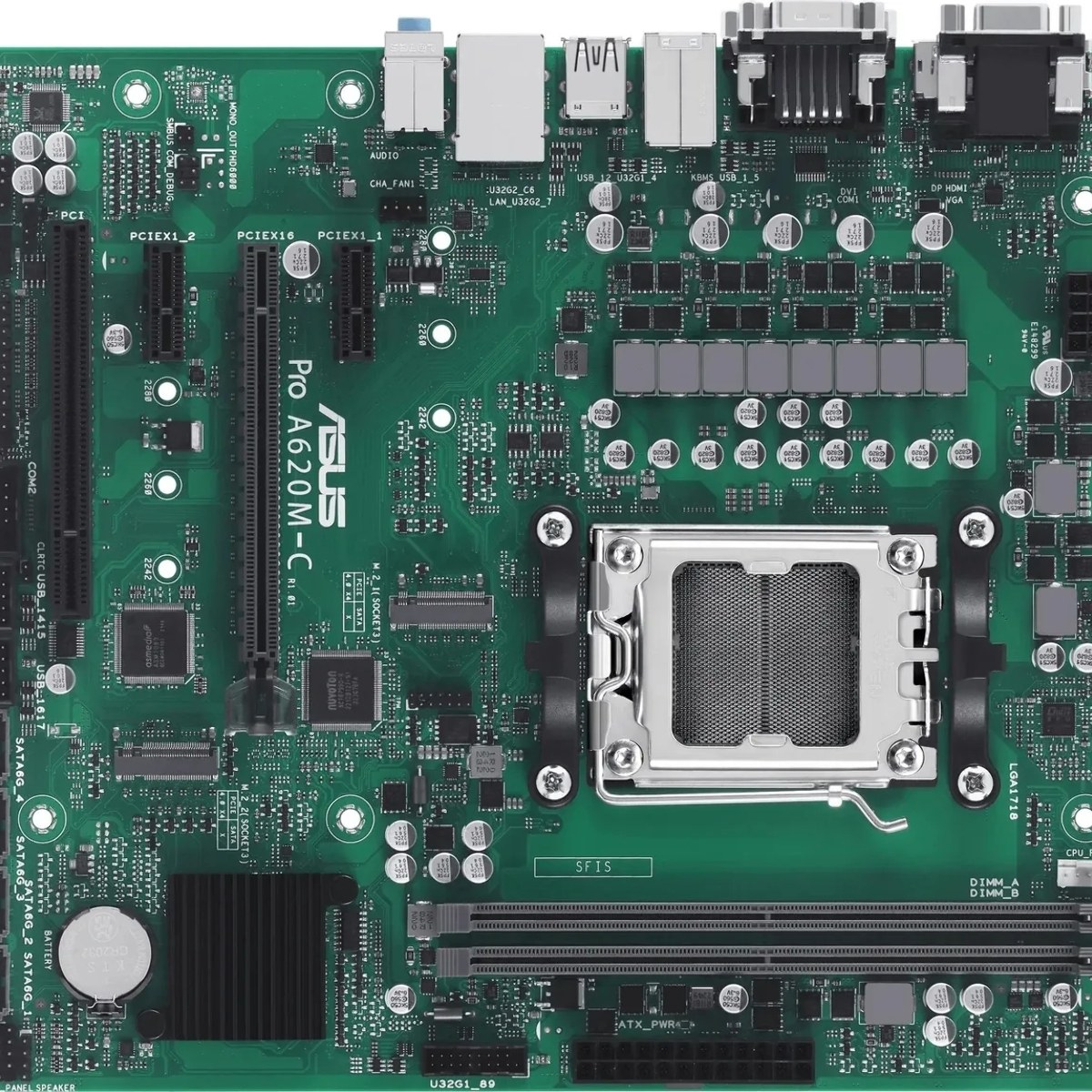 Материнская плата ASUS Pro A620M-C-CSM, AM5, AMD A620, 2xDDR5, 4xSATA, 2xM.2, 1xPCIe 4.0 x16, 2xPCIe x1, DisplayPort, HDMI, D-Sub, DVI, 1x 1Gb LAN, USB Type-C, 3x3.5 мм, 7.1, microATX