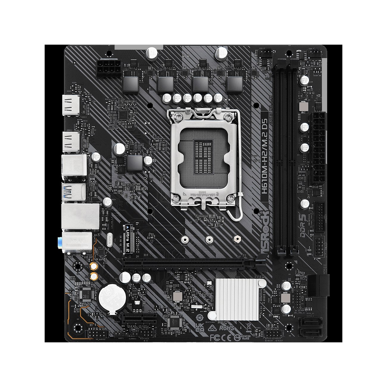 Материнская плата ASRock H610M-H2/M.2 D5, LGA1700, Intel H610, 2xDDR5, 4xSATA, 1xM.2, 1xPCIe 4.0 x16, 1xPCIe 4.0 x1, 2xHDMI, 1x1Gb LAN, USB 3.2 Gen 1, 3x3.5 мм, 7.1, microATX