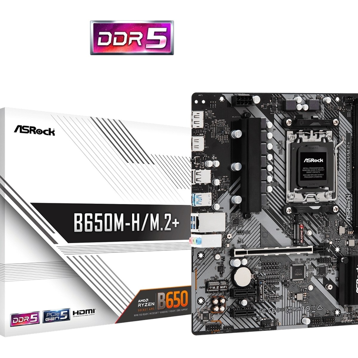 Материнская плата ASRock B650M-H/M.2+, AM5, AMD B650, 2xDDR5, 4xSATA, 2xM.2, 1xPCIe 4.0 x16, 1xDP, 1xHDMI, 1x1Gb LAN, 2xUSB 2.0, 3xUSB 3.2 Gen 1, 1xUSB-C, 3x3.5 мм, 7.1, Micro-ATX