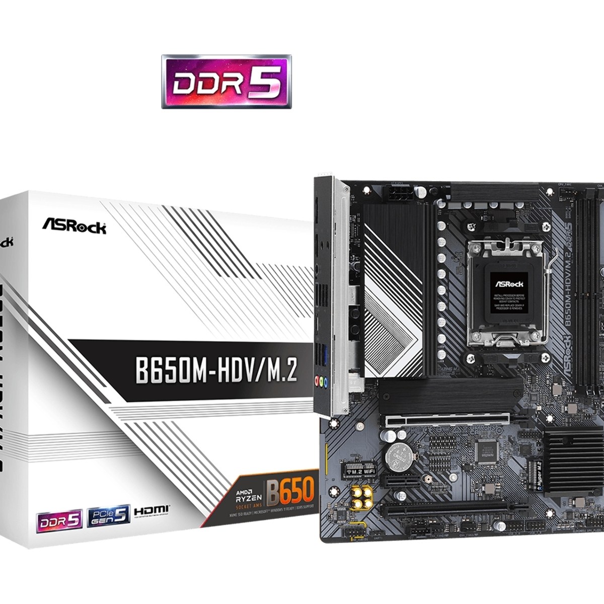 Материнская плата ASRock B650M-HDV/M.2, AM5, AMD B650, 2xDDR5, 4xSATA, 2xM.2, 1xPCIe 4.0 x16, 1xPCIe 4.0 x4, 1xPCIe 3.0 x1, 1xDP, 1xHDMI, 1x2.5Gb LAN, 1xUSB-C 5Gbps, 2xUSB-A 5Gbps, 4xUSB-A 2.0, 3x3.5 мм, 7.1, mATX