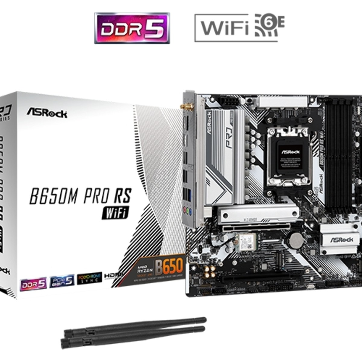 Материнская плата ASRock B650M Pro RS WiFi, AM5, AMD B650, 4xDDR5, 4xSATA, 3xM.2, 1xPCIe 4.0 x16, 1xPCIe 3.0 x16, 1xHDMI, 1xDP, 1x2.5Gb LAN, Wi-Fi 6E, Bluetooth 5.2, 1xUSB-C 10Gbps, 1xUSB-A 10Gbps, 2xUSB-A 5Gbps, 4xUSB-A 2.0, 3x3.5 мм, 7.1, mATX